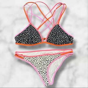 Victoria’s Secret Bikini Set Strappy Cheeky Pebble Dot Print Triangle Neon Small